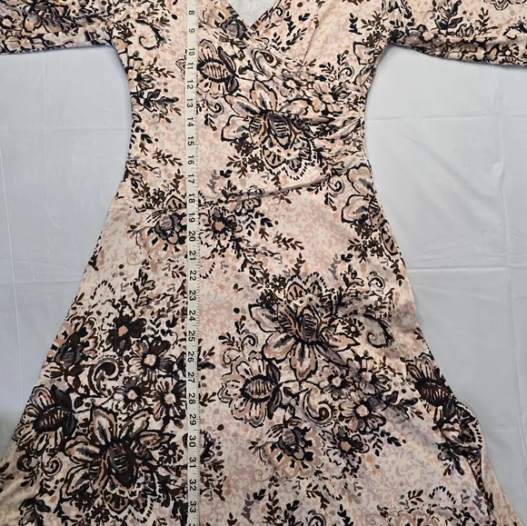 Garnet Hill Faux Wrap Dress Neutral Ivory Brown Floral Knee Length 3/4 Sleeve XS - Picture 10 of 12